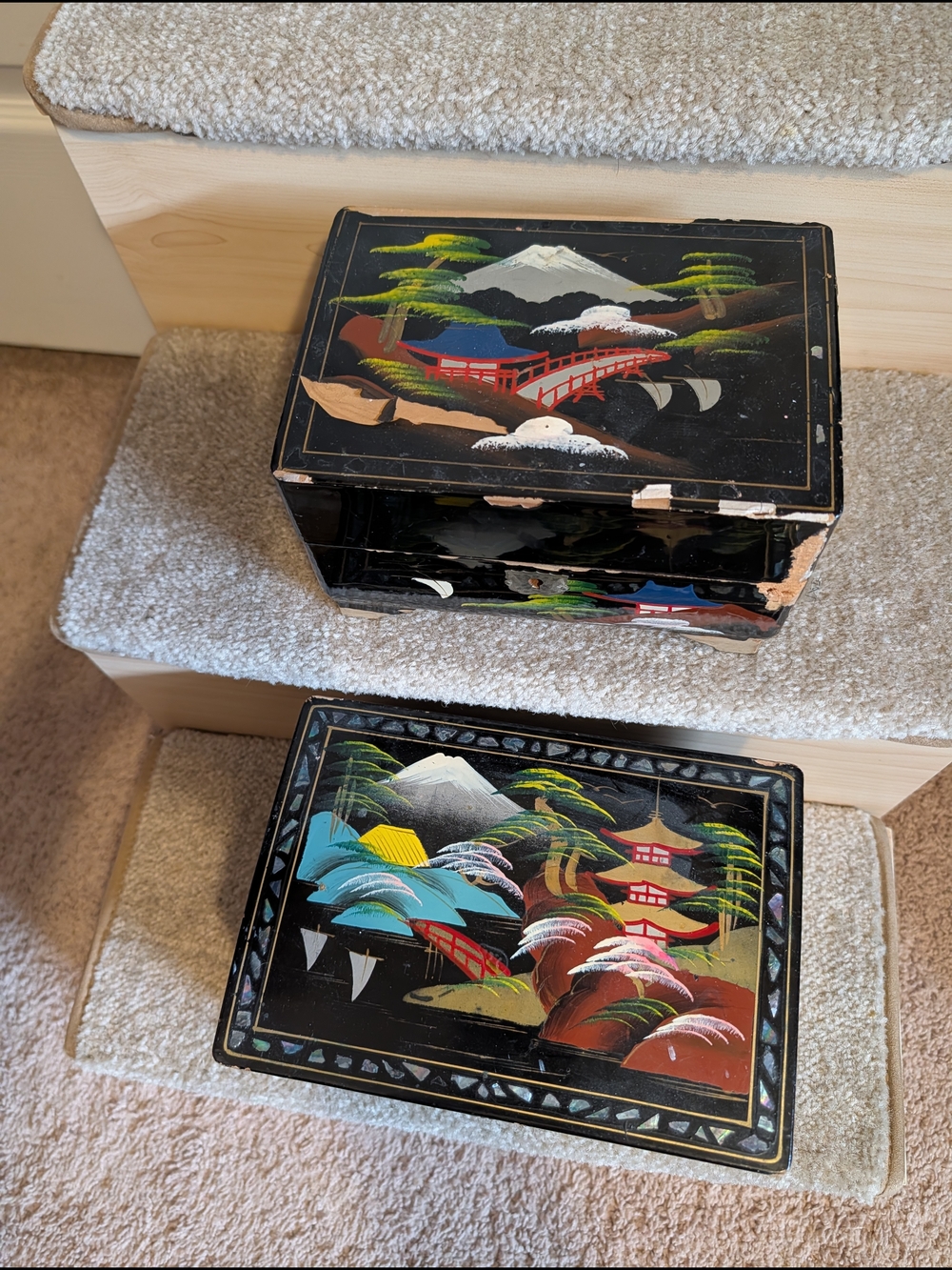 Hand-Painted Japanese Lacquered Bridge Scene Boxes - Black